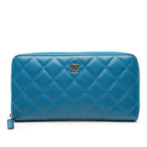 CHANEL Coco Mark Matelasse Round Zip Long Wallet in Blue Caviar Leather for W...